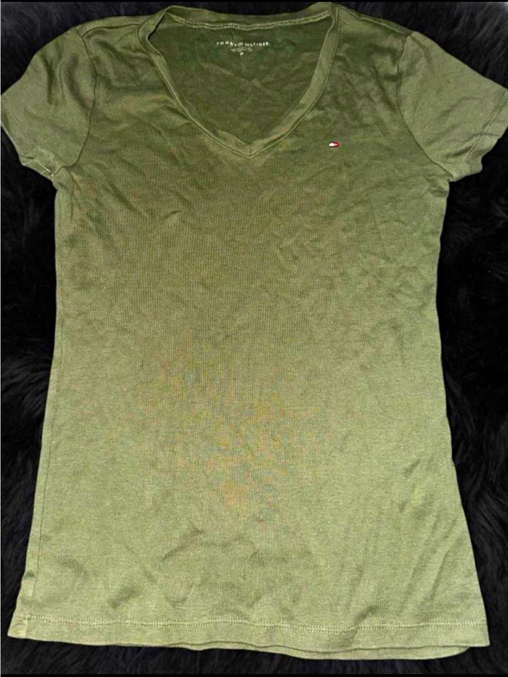 Tommy Hilfiger Olive Green V-Neck Short Sleeve Logo Tee Shirt Size S